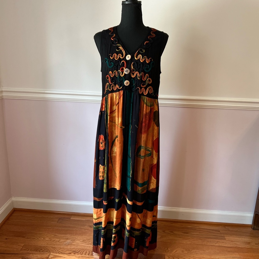 Carole Little Black and Orange Sleeveless V-Neck Sundress